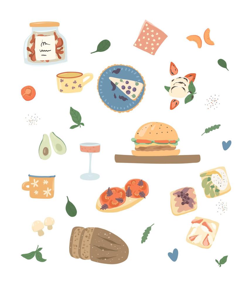 conjunto desenhado de vários pratos e produtos. ilustrações para menu, café, publicidade, web. vetor