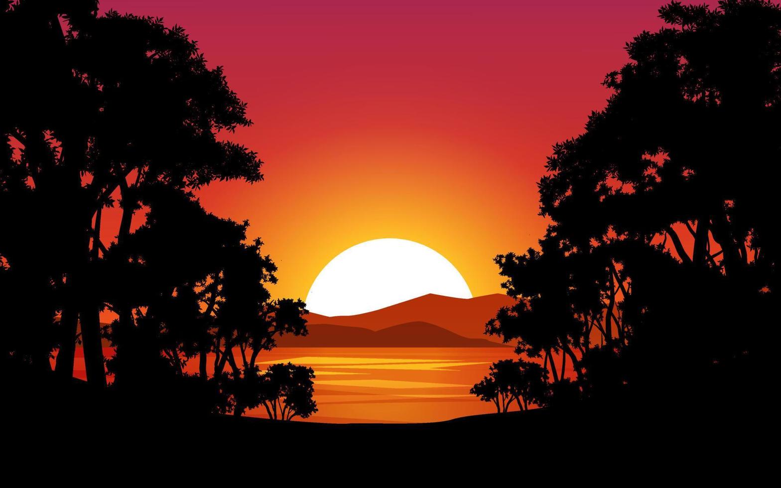 ilustração silenciosa do pôr do sol com floresta e rio vetor