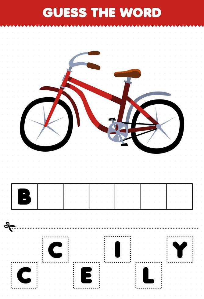 jogo de educação para crianças adivinhar as letras da palavra praticando bicicleta de transporte bonito vetor