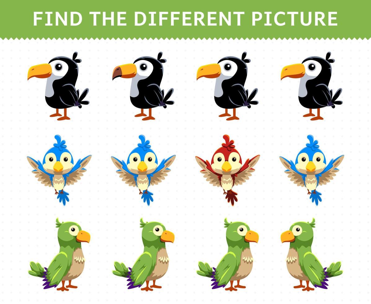 jogo de educação para crianças encontrar a imagem diferente em cada linha pássaro bonito dos desenhos animados vetor