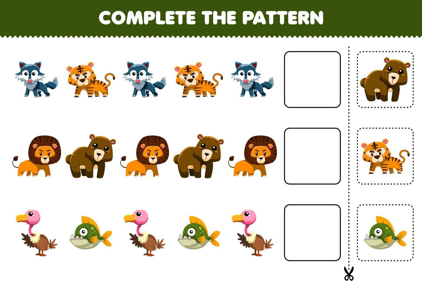 jogo de educação para crianças completa o padrão de pensamento lógico, encontre a regularidade e continue a tarefa de linha com o personagem animal carnívoro fofo vetor