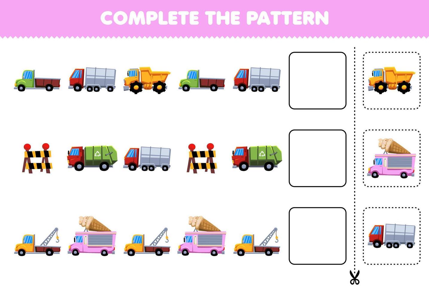 jogo de educação para crianças completa o padrão de pensamento lógico, encontre a regularidade e continue a tarefa de linha com transporte de caminhão vetor