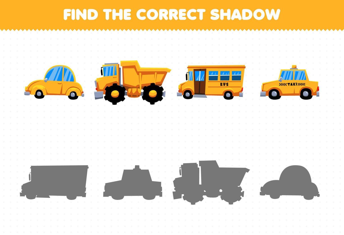 jogo de educação para crianças encontre o conjunto de sombra correto de transporte de carro amarelo vetor