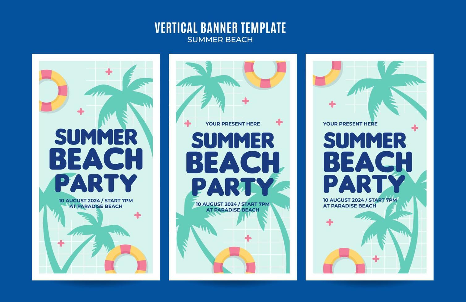 dia de verão - banner web de festa na praia para pôster vertical de mídia social, banner, área espacial e plano de fundo vetor