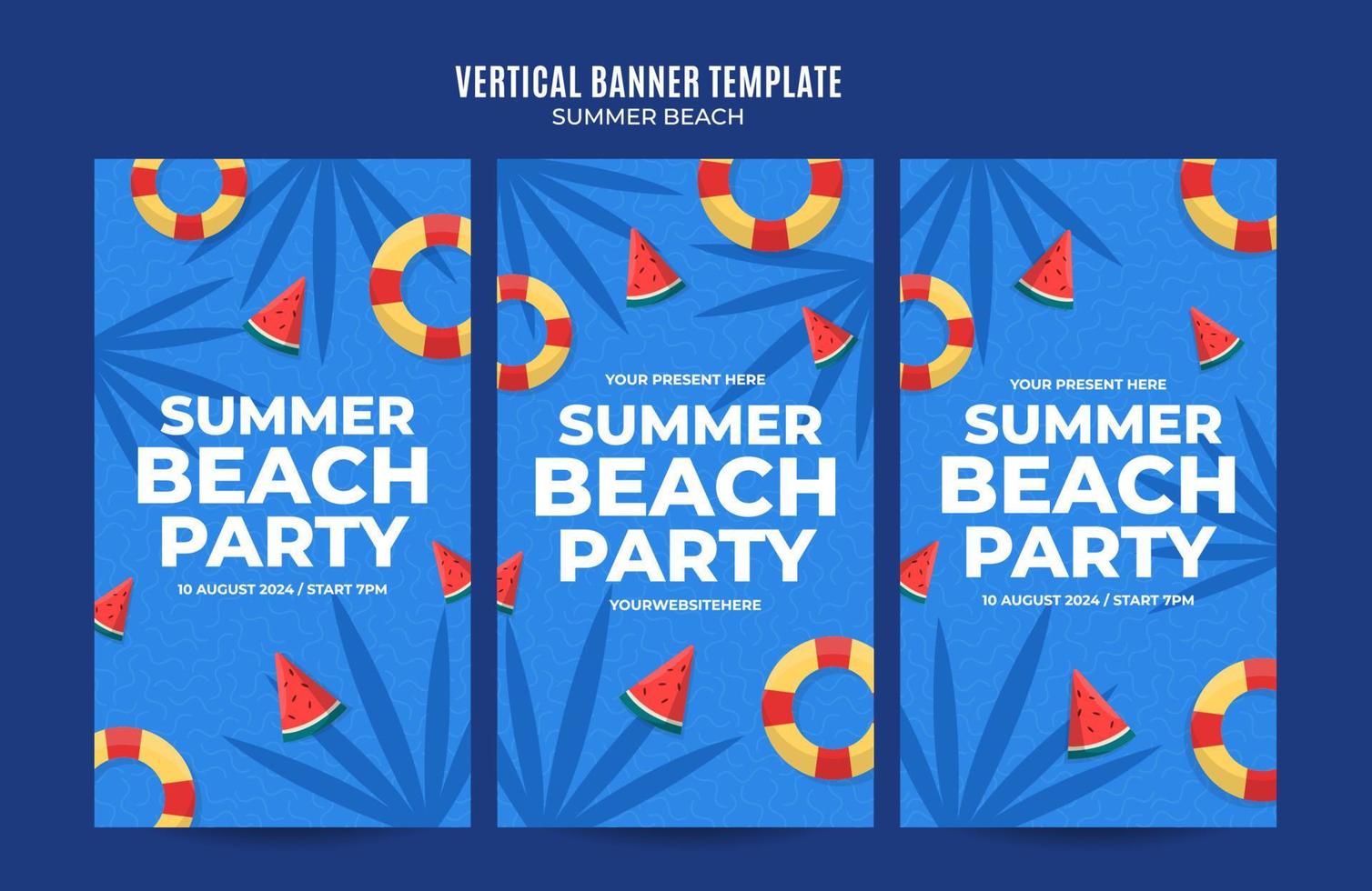 dia de verão - banner web de festa na praia para pôster vertical de mídia social, banner, área espacial e plano de fundo vetor
