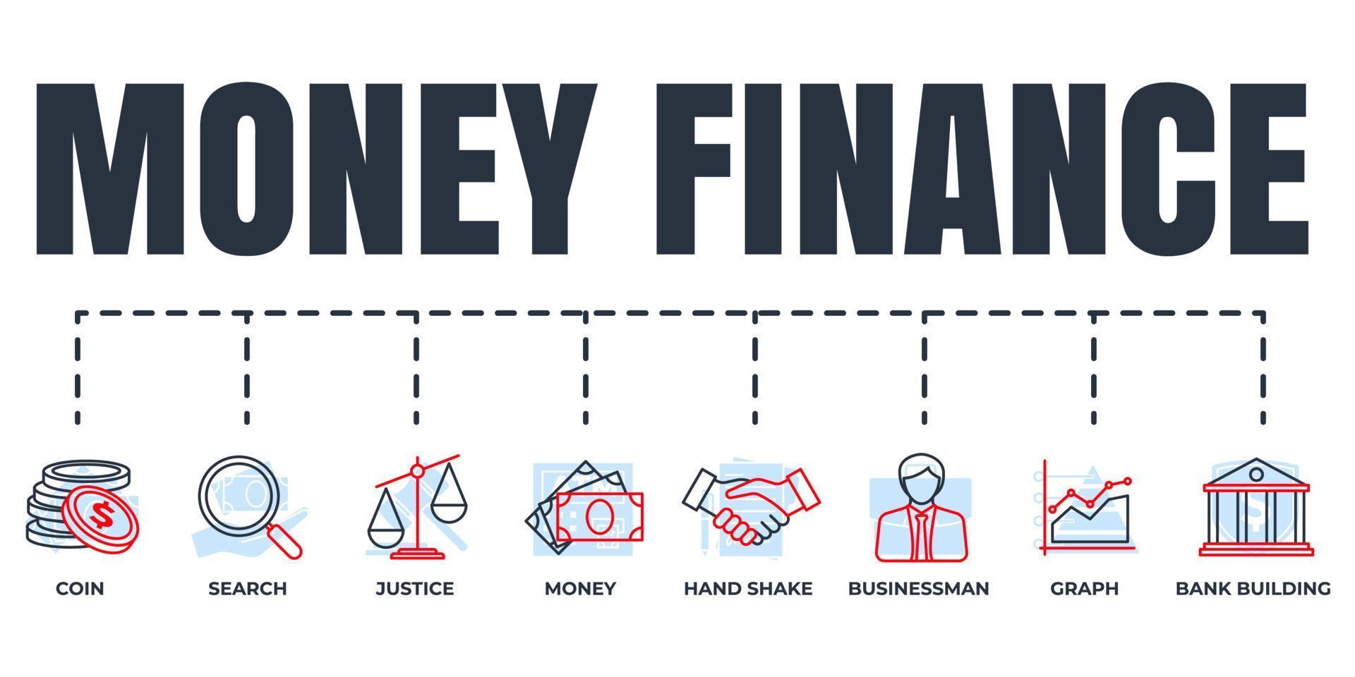 conjunto de ícones da web de banner de finanças. dinheiro, pesquisa, gráfico, empresário, construção de banco, justiça, moeda, conceito de ilustração vetorial de aperto de mão. vetor
