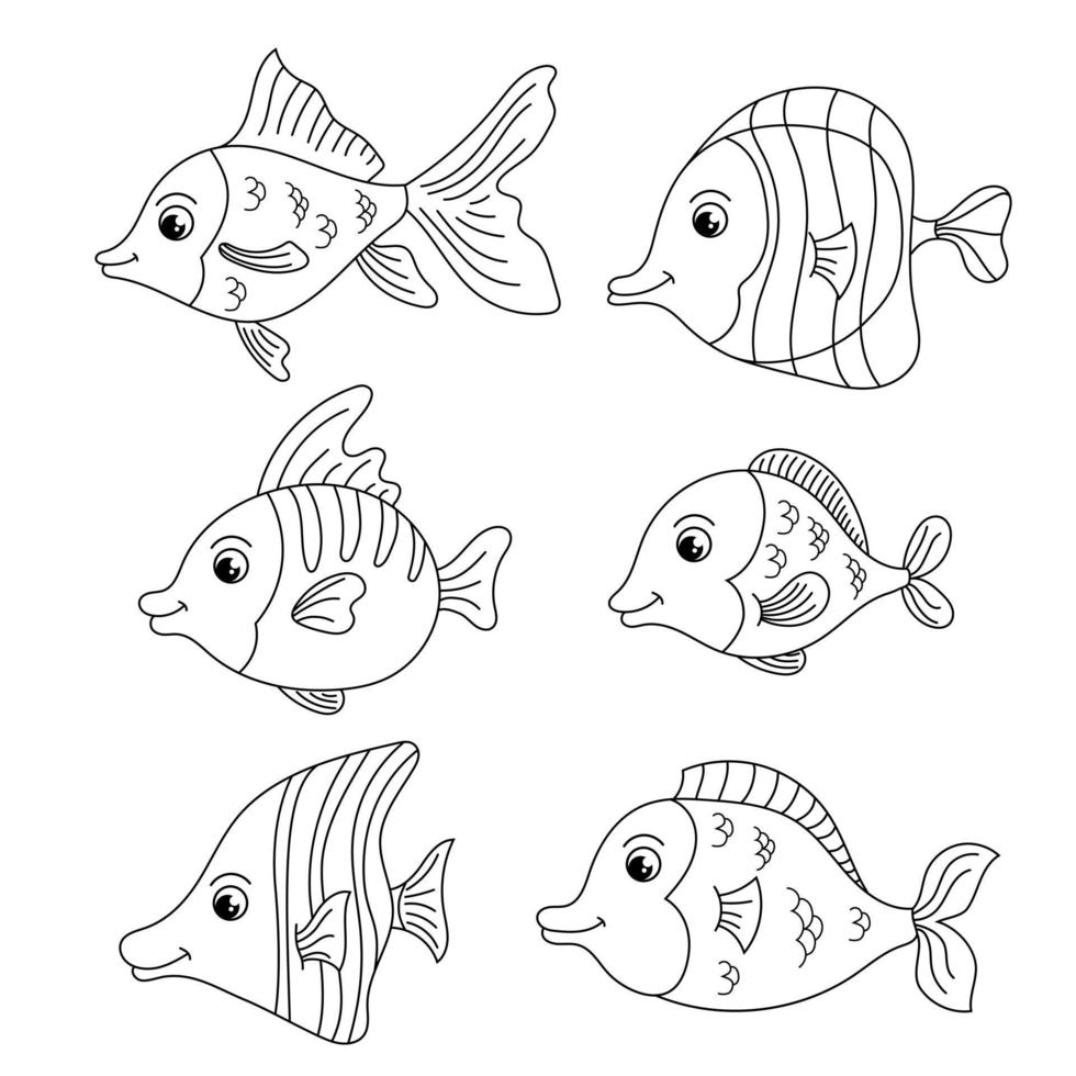 animais marinhos de desenho animado esboçados definidos para desenho. página para colorir de peixes engraçados vetor