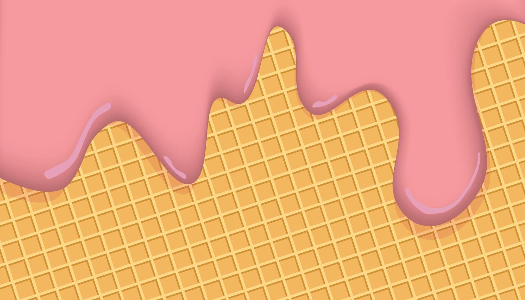 sorvete de morango realista derretido no vetor de fundo de cone de baunilha. creme de morango está derretendo na superfície da bolacha. um modelo para menu doce ou comercial de publicidade.