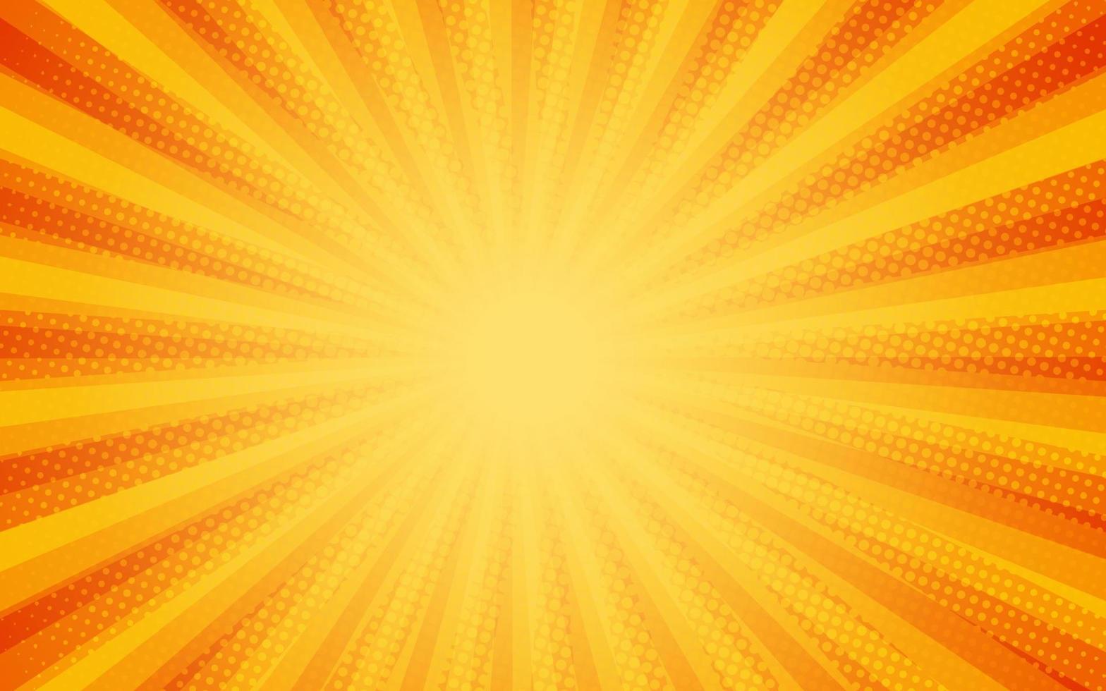 raios de sol estilo vintage retrô em fundo amarelo e laranja, padrão em quadrinhos com starburst e meio-tom. efeito de sunburst retrô dos desenhos animados com pontos. raios. ilustração vetorial de banner de verão vetor