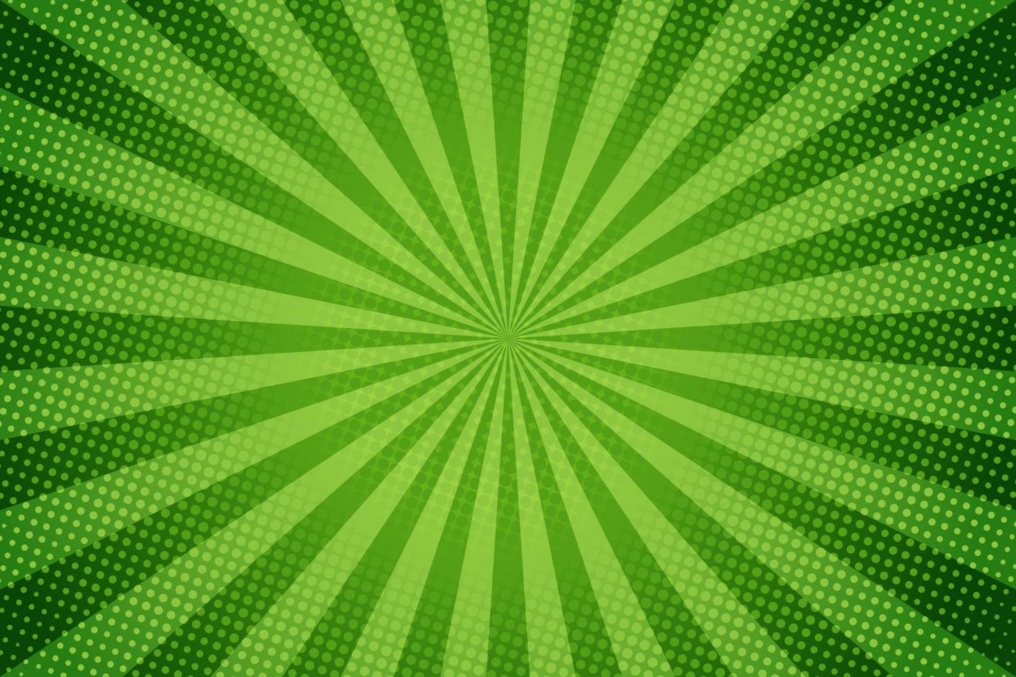 raios de sol retrô estilo vintage sobre fundo verde, padrão em quadrinhos com starburst e meio-tom. efeito de sunburst retrô dos desenhos animados com pontos. raios. ilustração vetorial de bandeira de verão. vetor