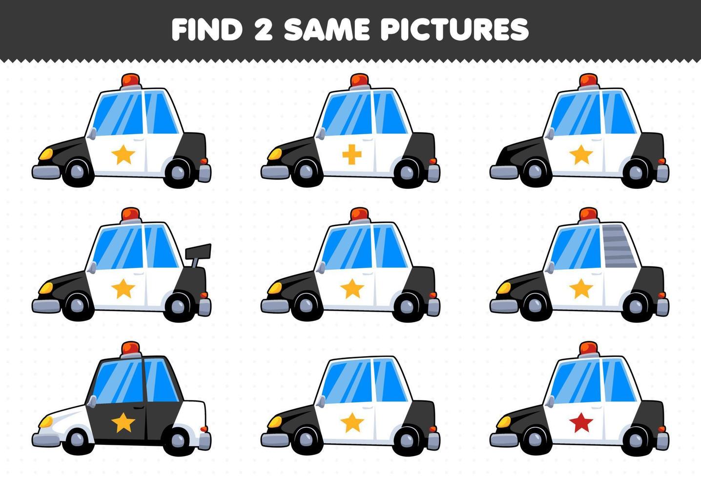 jogo de educação para crianças encontrar duas mesmas fotos carro de polícia de transporte vetor