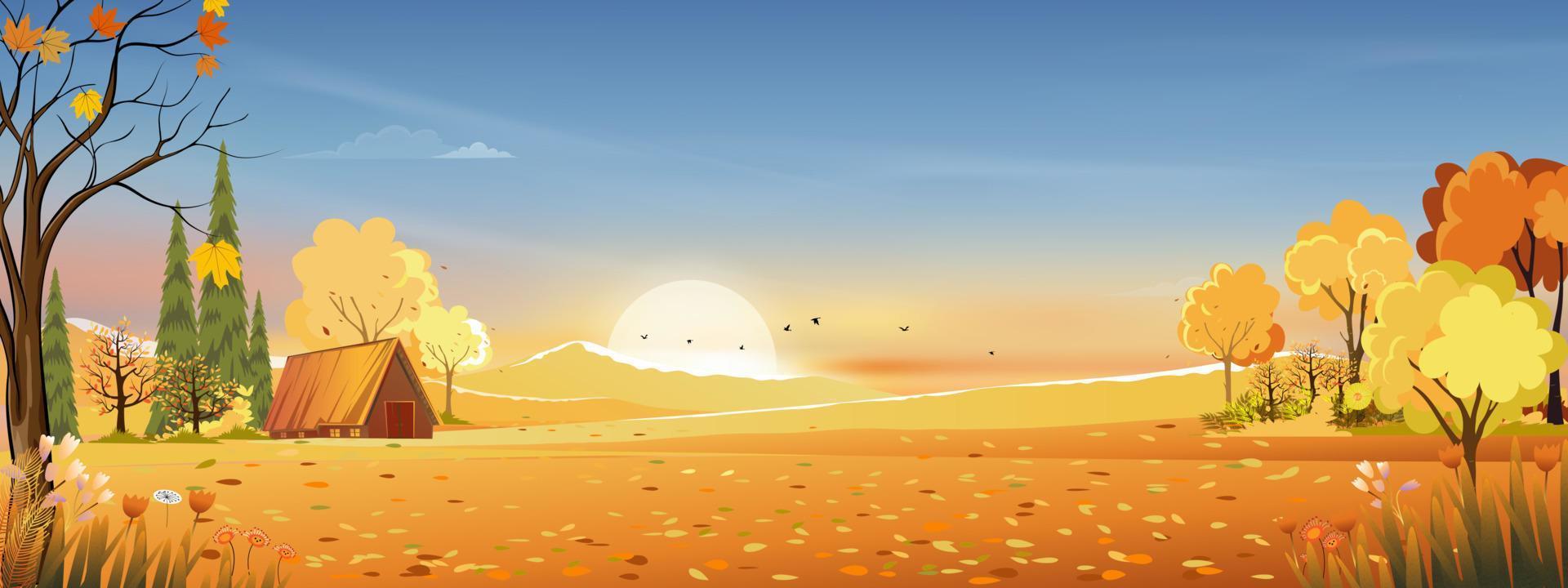 paisagem rural de outono na luz da noite com fundo do céu pôr do sol, azul e laranja, temporada de outono dos desenhos animados vetor na zona rural com árvore da floresta e campo de grama com nascer do sol, banner natural de pano de fundo