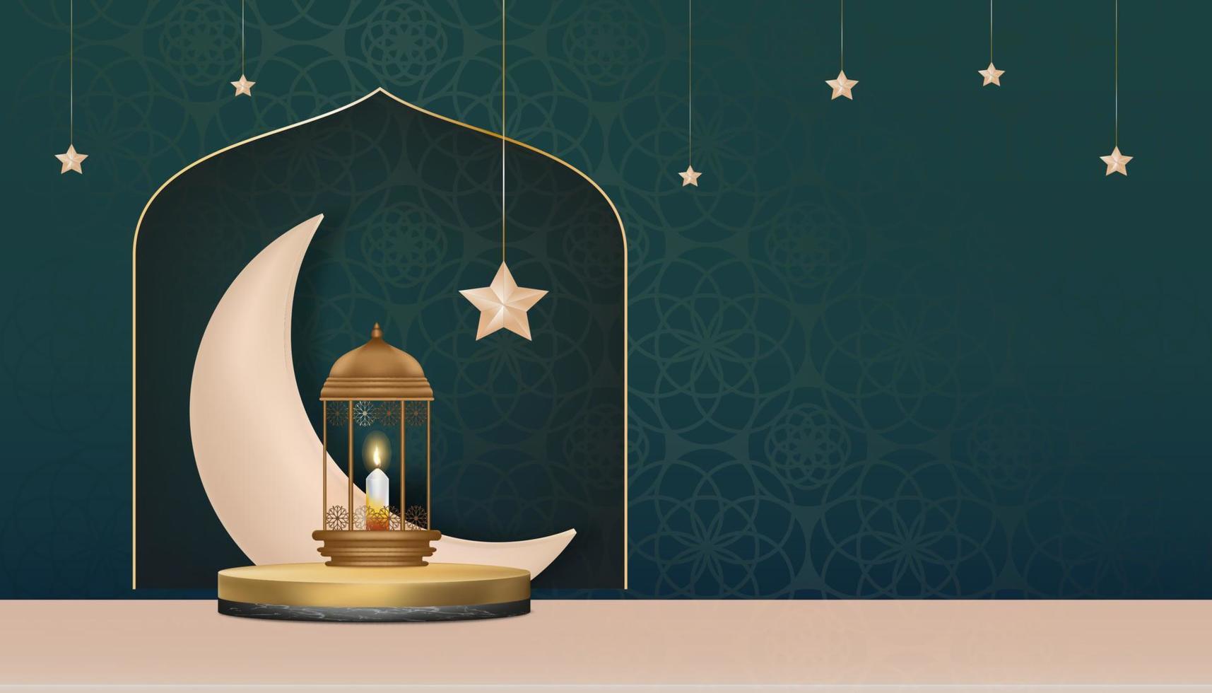 pódio islâmico com lanterna islâmica tradicional com lua crescente, estrela pendurada no fundo verde, pano de fundo vetorial da religião do simbólico muçulmano, eid al fitr, ramadan kareem, eid al adha, eid mubarak vetor