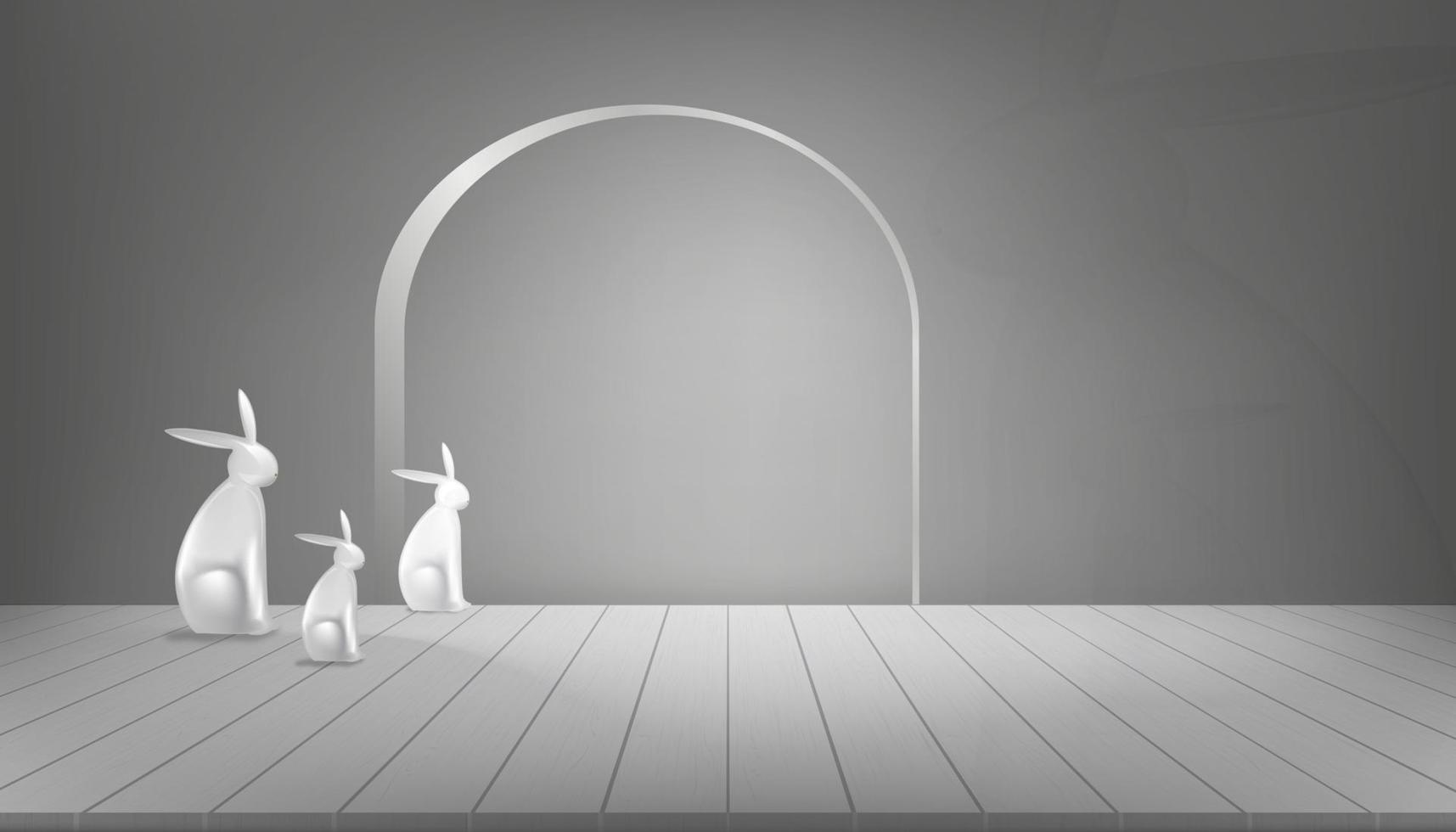 sala de estúdio com estátua de família de coelho 3d no painel de madeira com fundo de parede cinza escuro ilustração vetorial com piso cinza com luz e sombra na placa de parede conceito de design de estilo moderno mínimo vetor