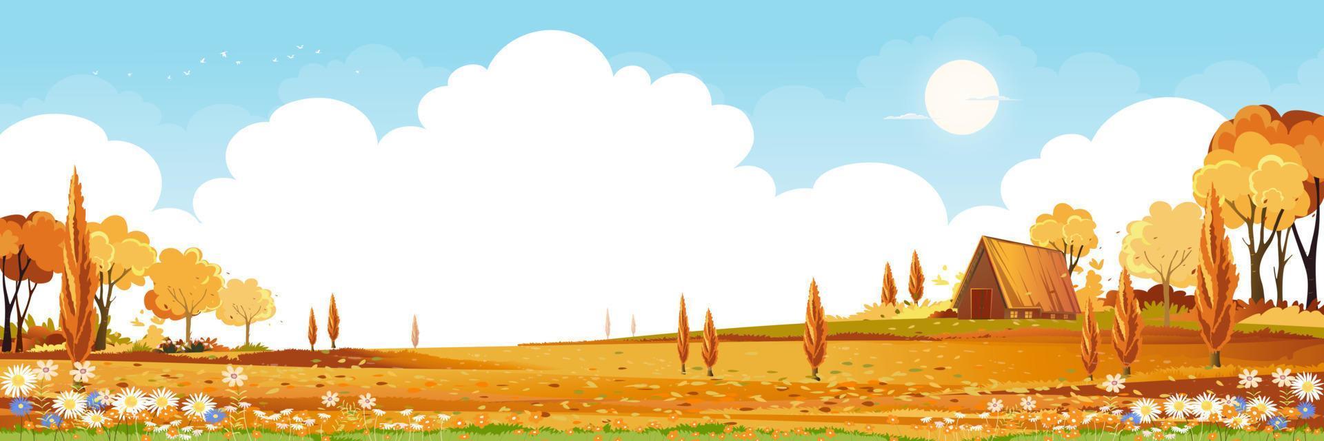 paisagem de campo de outono com montanha, céu azul, nuvem, panorama queda natureza rural com folhagem de gama, banner de ilustração vetorial de desenho animado para ação de graças ou fundo do festival de meados de outono vetor