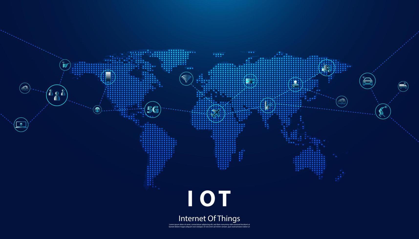 abstrato internet das coisas conceito cidade 5g.iot internet das coisas comunicação rede inovação tecnologia conceito ícone e mapa. conectar dispositivos sem fio e tecnologia de inovação de rede. vetor