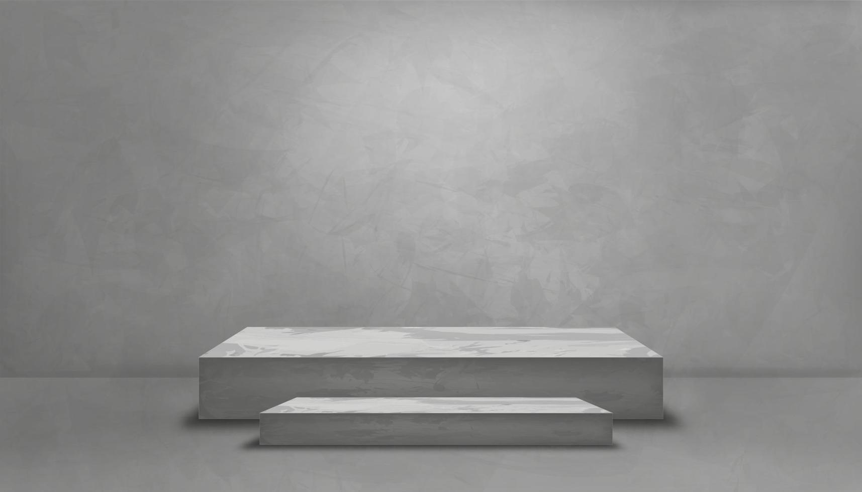 sala de estúdio com uma parede cinza e maquete de pódio 3d, textura de cimento cinza de fundo do chão, vetor 3d pano de fundo da superfície de concreto cinza com padrão de textura rachada. banner para o conceito de design de loft