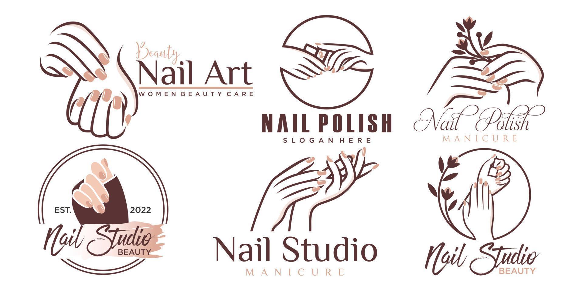 esmalte ou conjunto de ícones de salão de unhas design de logotipo manicure esmalte e logotipo de dedo feminino vetor