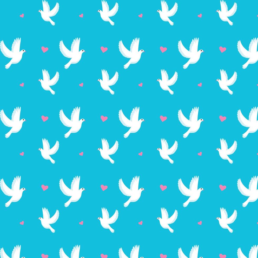 padrão com pombas brancas em um fundo azul e corações rosa vetor