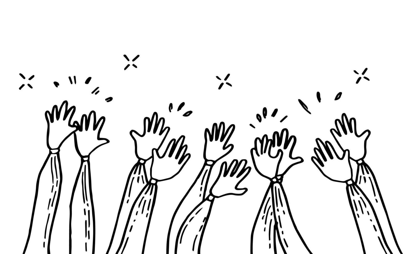 mão desenhada de mãos batendo palmas ovação. aplausos, gesto de mãos no estilo doodle, ilustração vetorial vetor