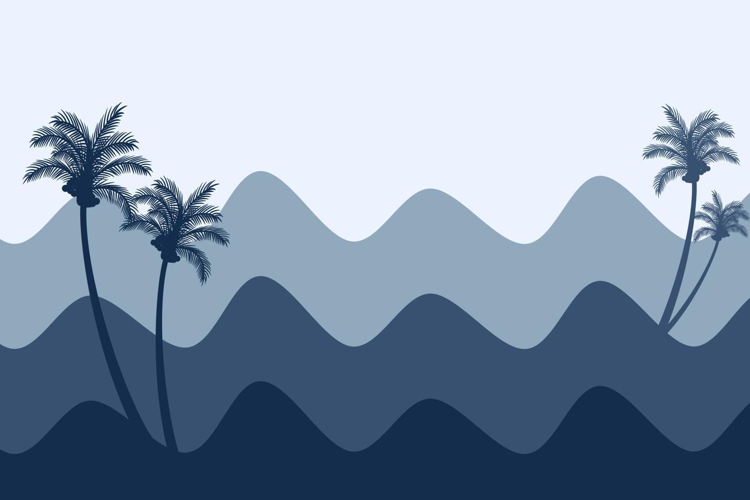ilustração de silhueta de paisagem panorâmica de ondas de água do mar e coqueiros vetor