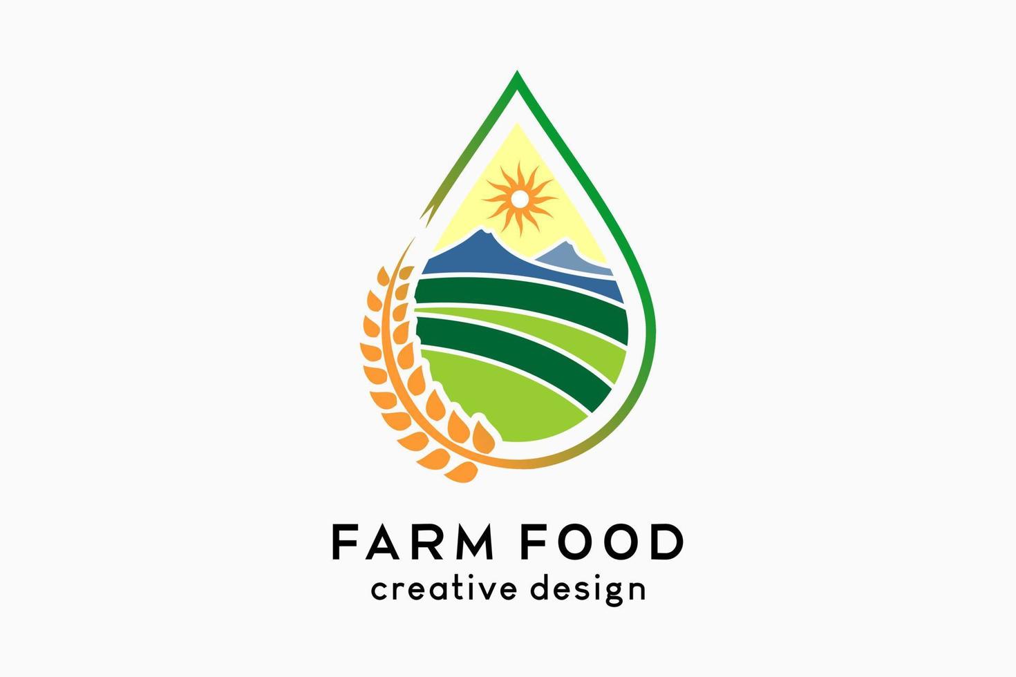 logotipo de comida de fazenda, ilustração de fonte de alimentos orgânicos. arroz ou trigo, arrozal, ícone de montanha e sol em gotas vetor