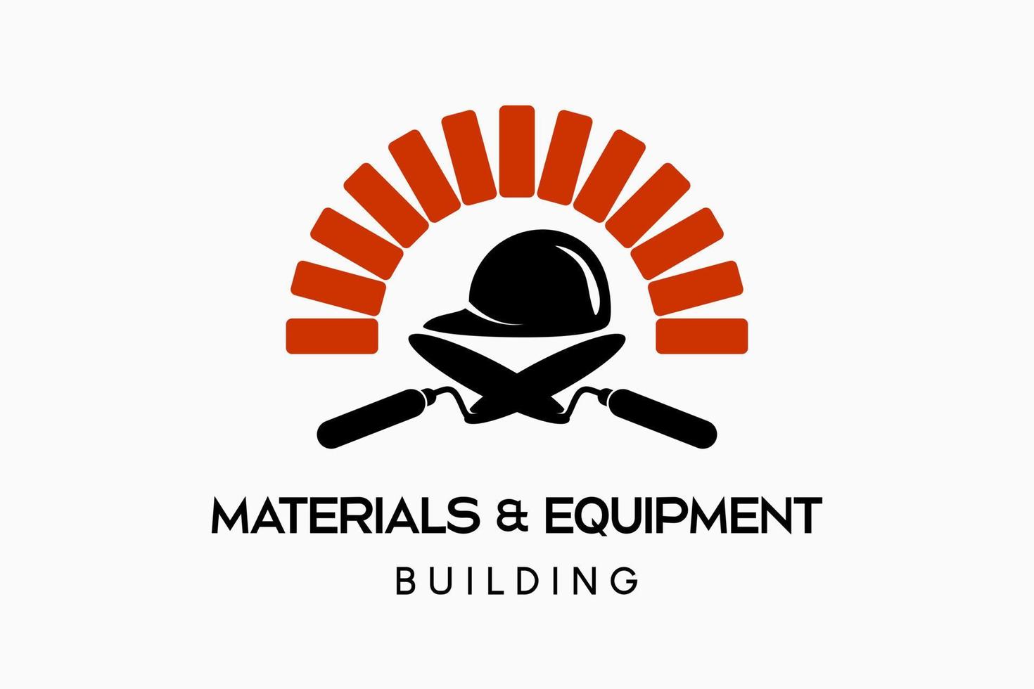 design de logotipo de ferramentas de construção, design de logotipo de loja de materiais de construção ou construção, silhueta de uma colher de cimento e capacete com tijolos torcidos vetor
