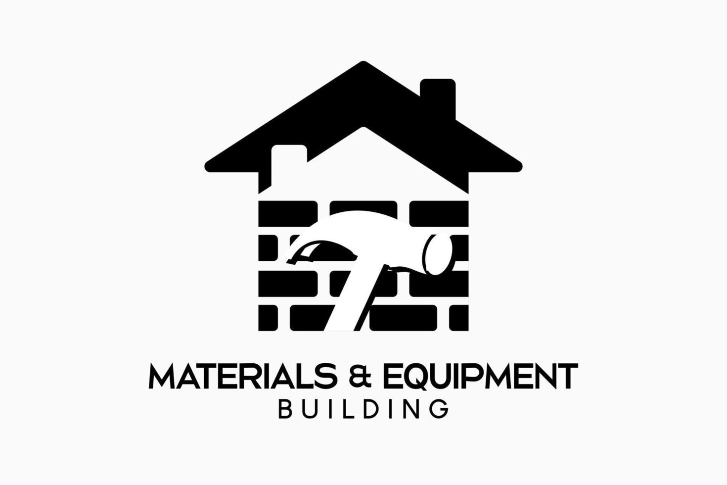 design de logotipo para ferramentas de construção, lojas de construção ou lojas de materiais de construção com um conceito de silhueta de martelo combinado com um ícone de casa de tijolos vetor