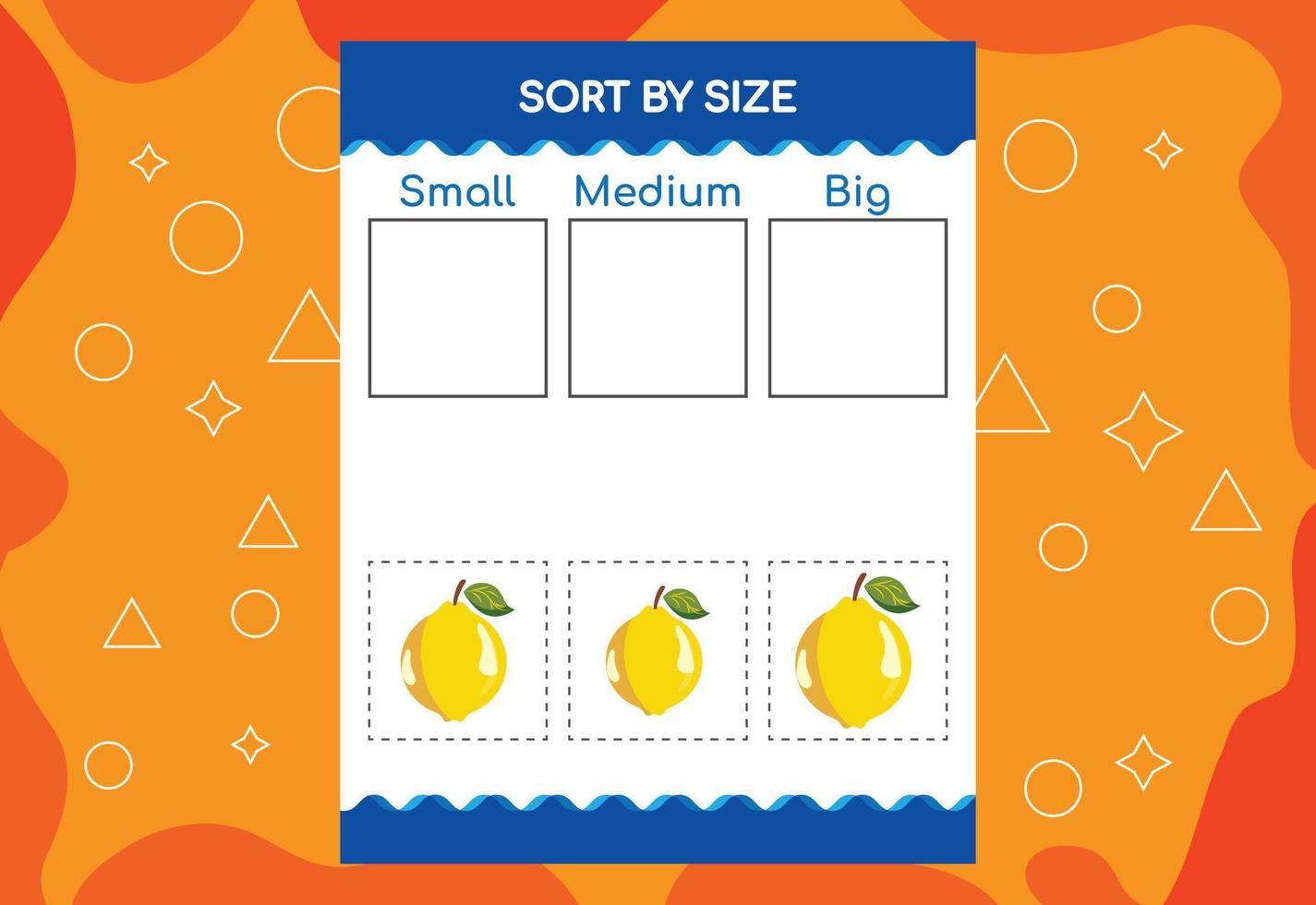 classificar imagens por tamanho com frutas. planilha educacional para crianças vetor