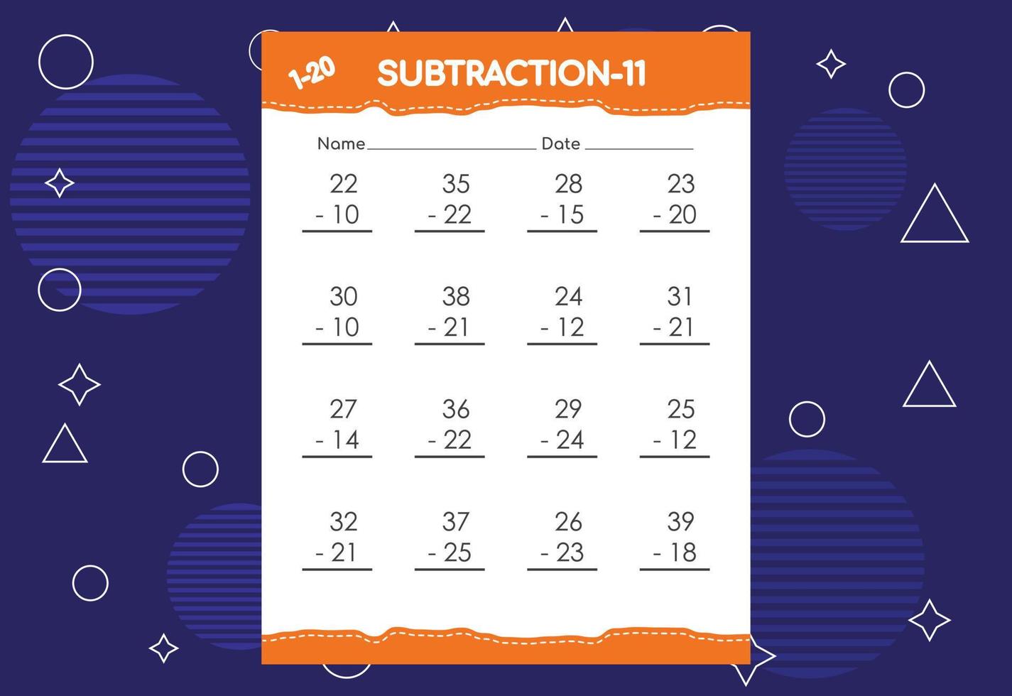 planilha de subtração para crianças. planilha de atividades de matemática educacional para crianças vetor