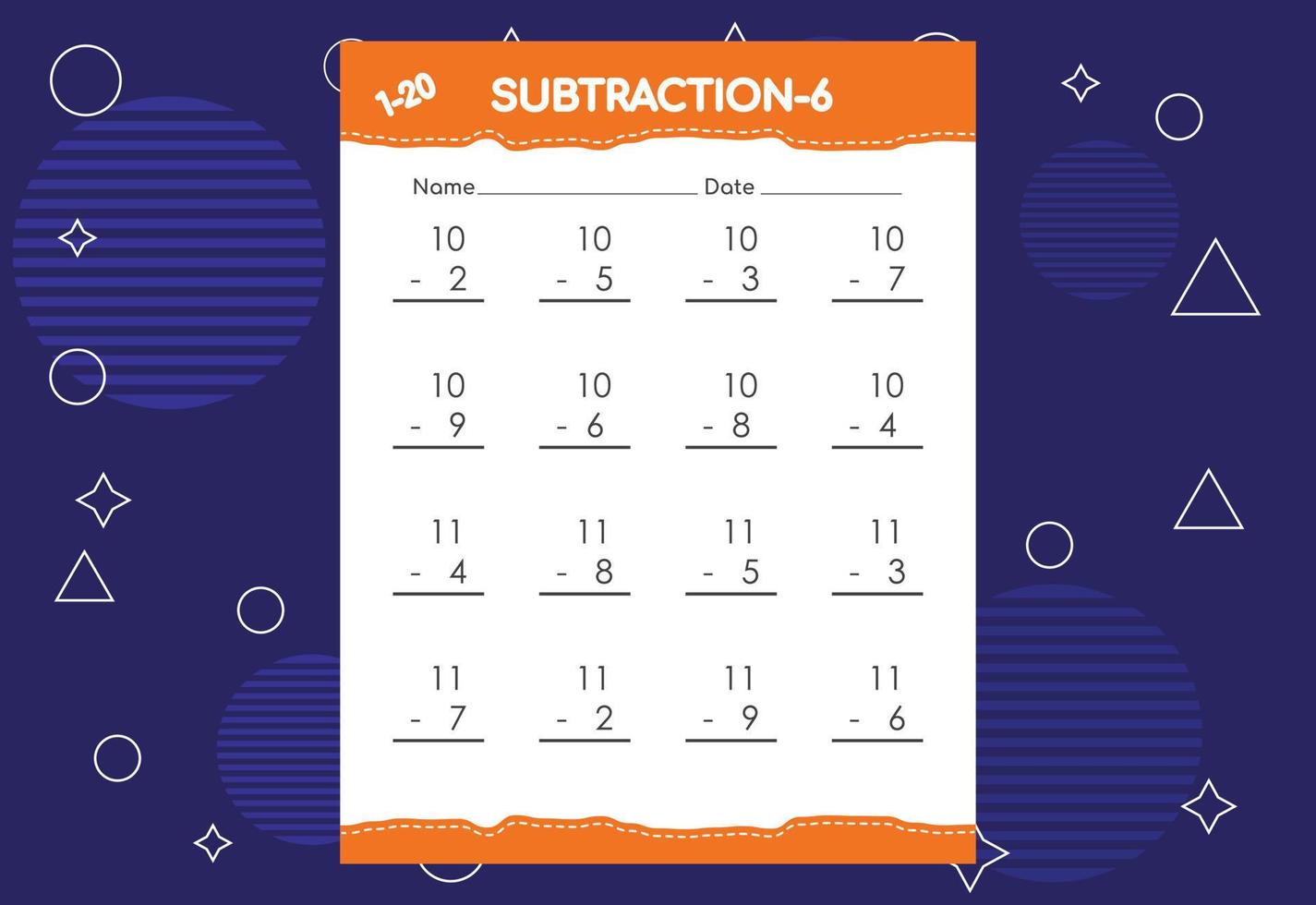 planilha de subtração para crianças. planilha de atividades de matemática educacional para crianças vetor