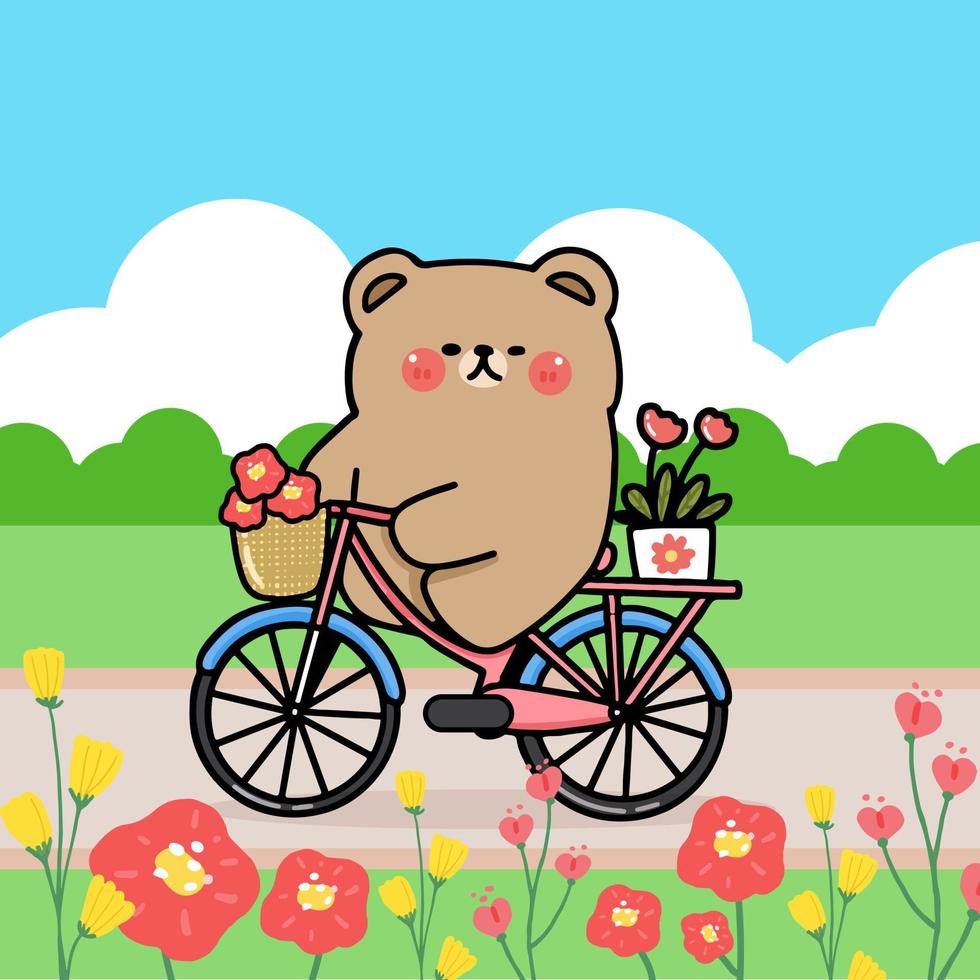 urso de personagem de desenho animado andar de bicicleta no parque público do jardim de flores, primavera e temporada de verão, ilustração plana vetor