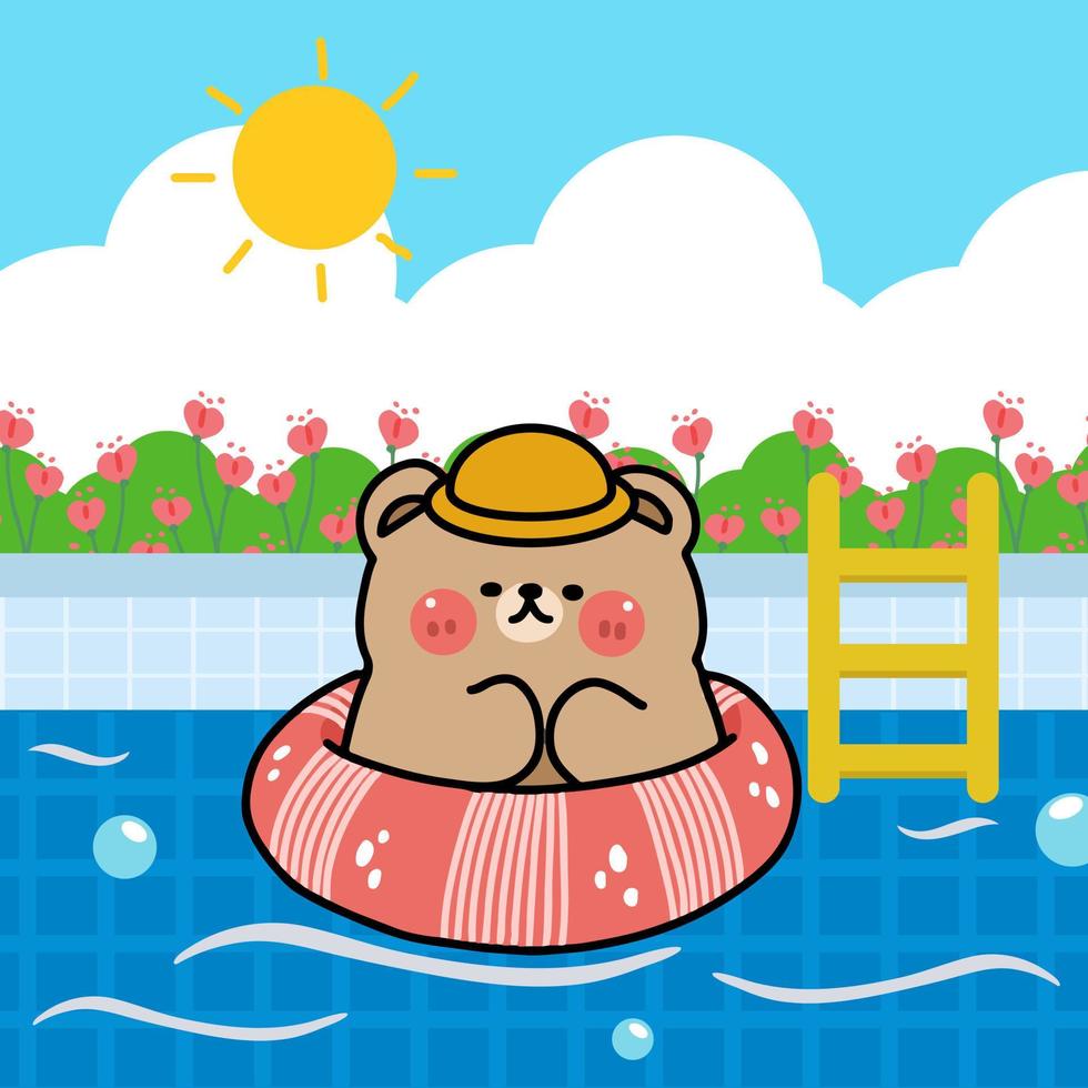 urso de personagem de desenho animado nadando com anel de borracha na piscina na temporada de verão, ilustração plana vetor