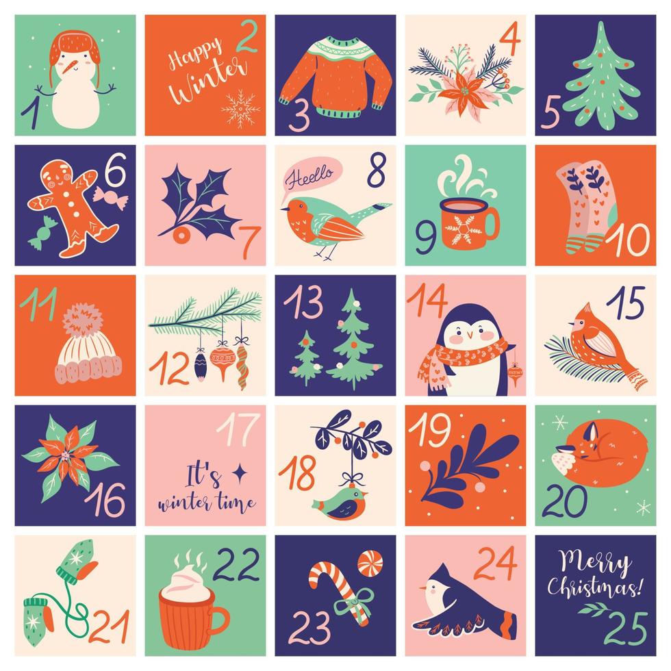 calendário do advento de natal com elementos desenhados à mão. gráficos vetoriais. vetor