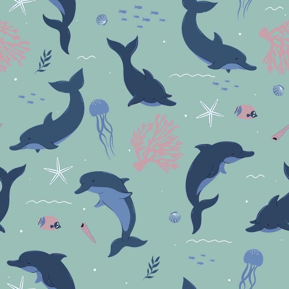 padrão perfeito com golfinhos fofos e vida marinha. gráficos vetoriais. vetor