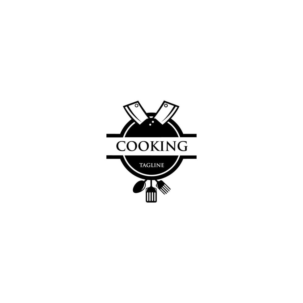 logotipo de cozinha. ícone ou símbolo para restaurante de menu de design, clube de culinária, estúdio de comida ou comida caseira, logotipo de modelo com talheres de silhueta. vetor