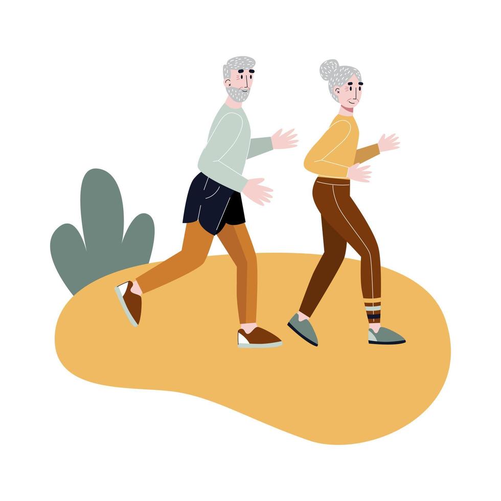 casal de idosos correndo juntos. casal de velhos passa o tempo ao ar livre. conceito de aposentadoria ativa. ilustração vetorial plana. vetor
