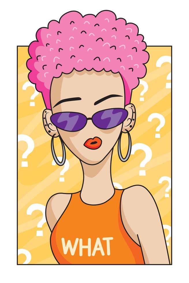 engraçado rosto confuso cabelo rosa curto adolescente usa óculos de sol roxos e regata laranja branca a palavra o que no vetor de ilustração de fundo de pergunta