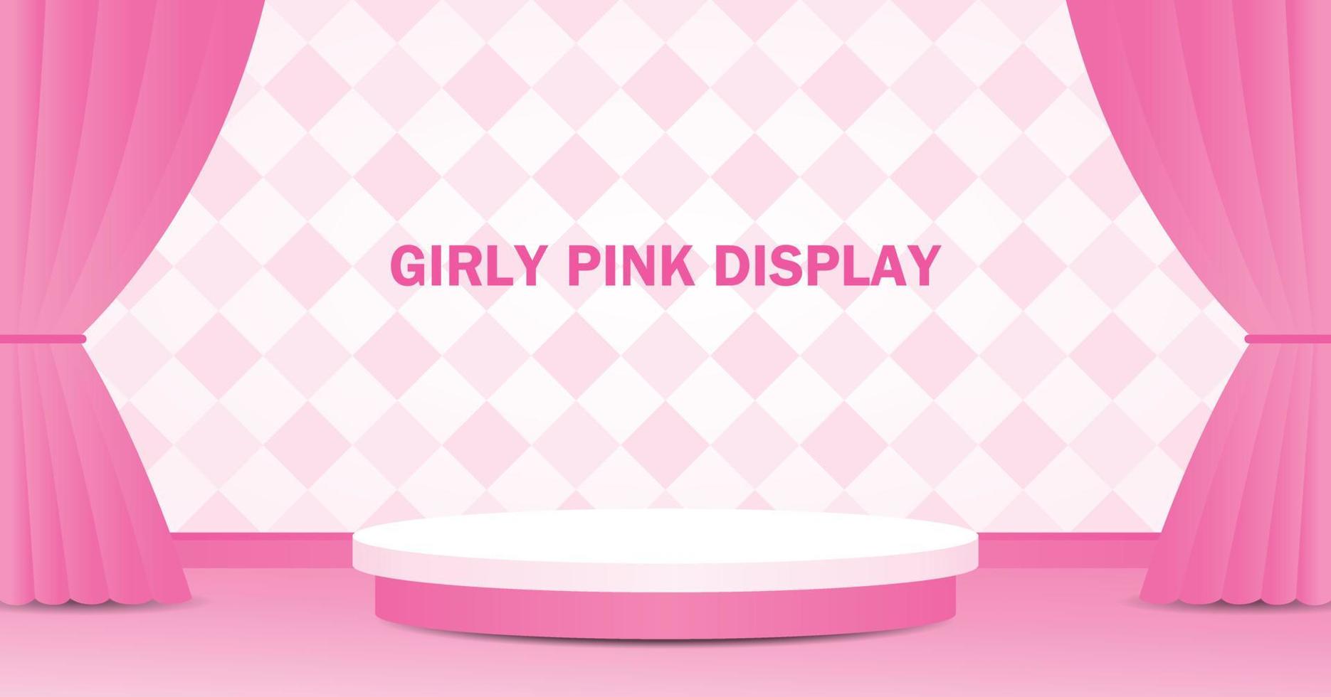 pódio de passos de círculo duplo para colocar seu objeto no chão rosa e parede padrão quadriculada com vetor de ilustração 3d de cortina rosa