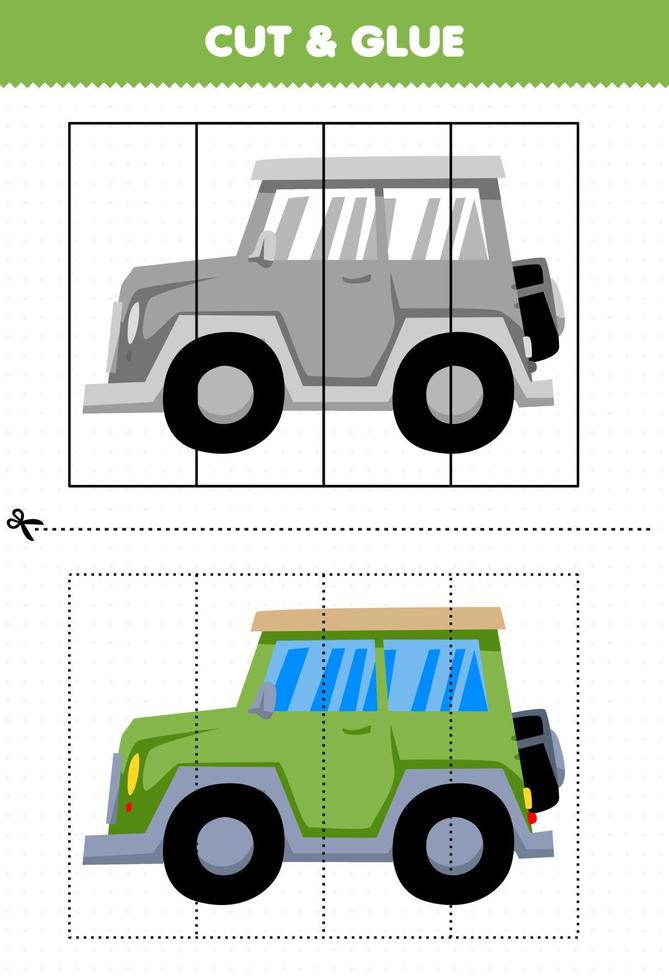 jogo de educação para crianças cortado e colado com carro de jipe de transporte de desenho animado vetor