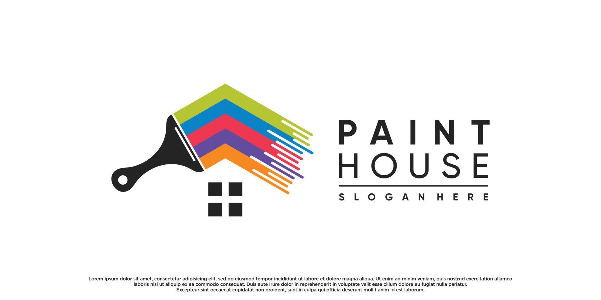 design de logotipo de pintura e casa com elemento de pincel e vetor premium de cor do arco-íris