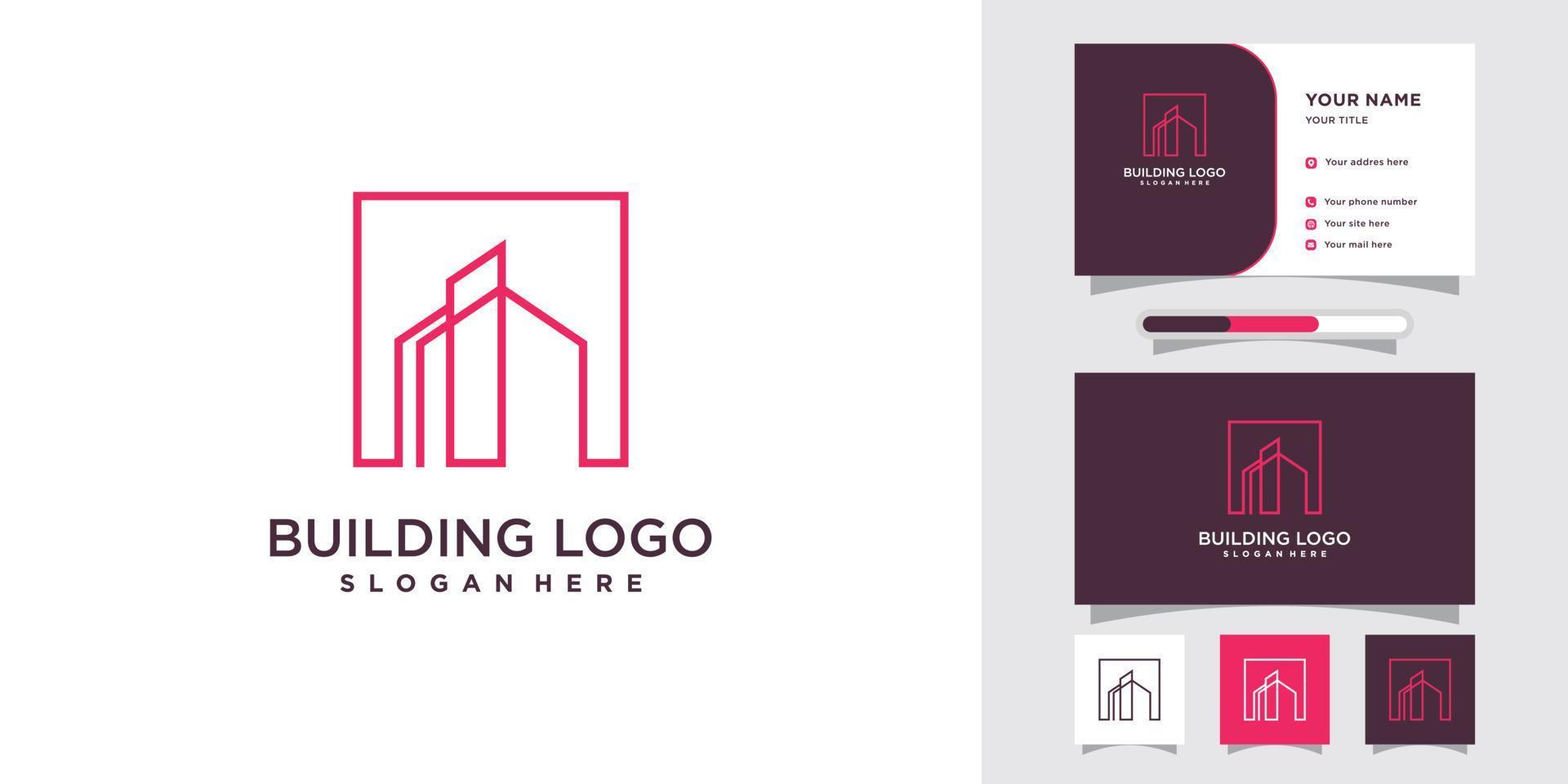 logotipo de construção para construção de negócios com estilo de arte de linha e vetor premium de design de cartão de visita