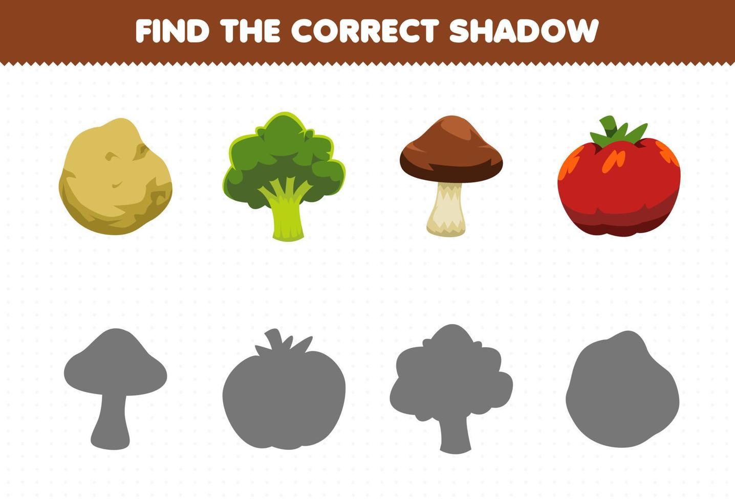 jogo de educação para crianças encontre o conjunto de sombra correto de legumes de desenho animado batata brócolis cogumelo tomate vetor