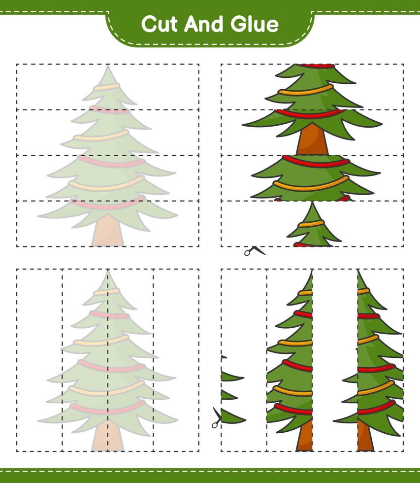 corte e cole, corte partes da árvore de natal e cole-as. jogo educativo para crianças, planilha para impressão, ilustração vetorial vetor