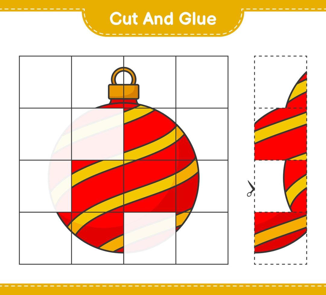 corte e cole, corte partes da bola de natal e cole-as. jogo educativo para crianças, planilha para impressão, ilustração vetorial vetor