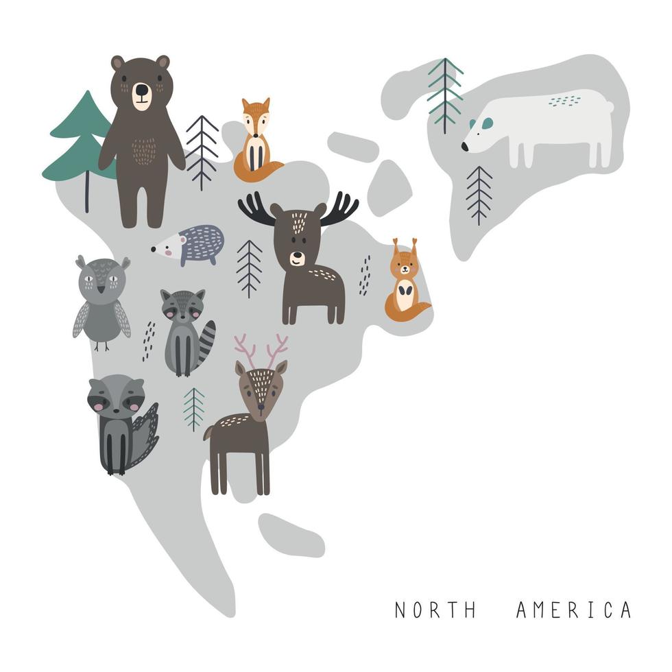 mapa da américa do norte para crianças. pôster com animais fofos vetoriais em um estilo simples. personagens de desenhos animados doodle em estilo escandinavo para crianças. vetor