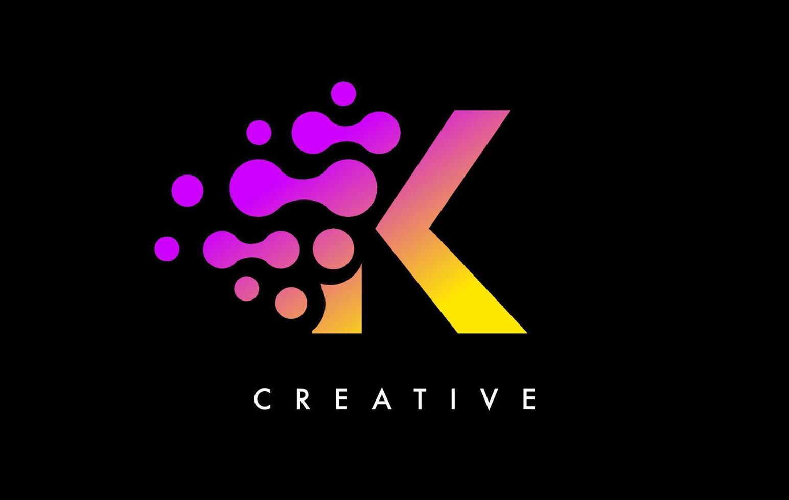 design de logotipo de pontos de letra k com cores amarelas roxas no vetor de fundo preto