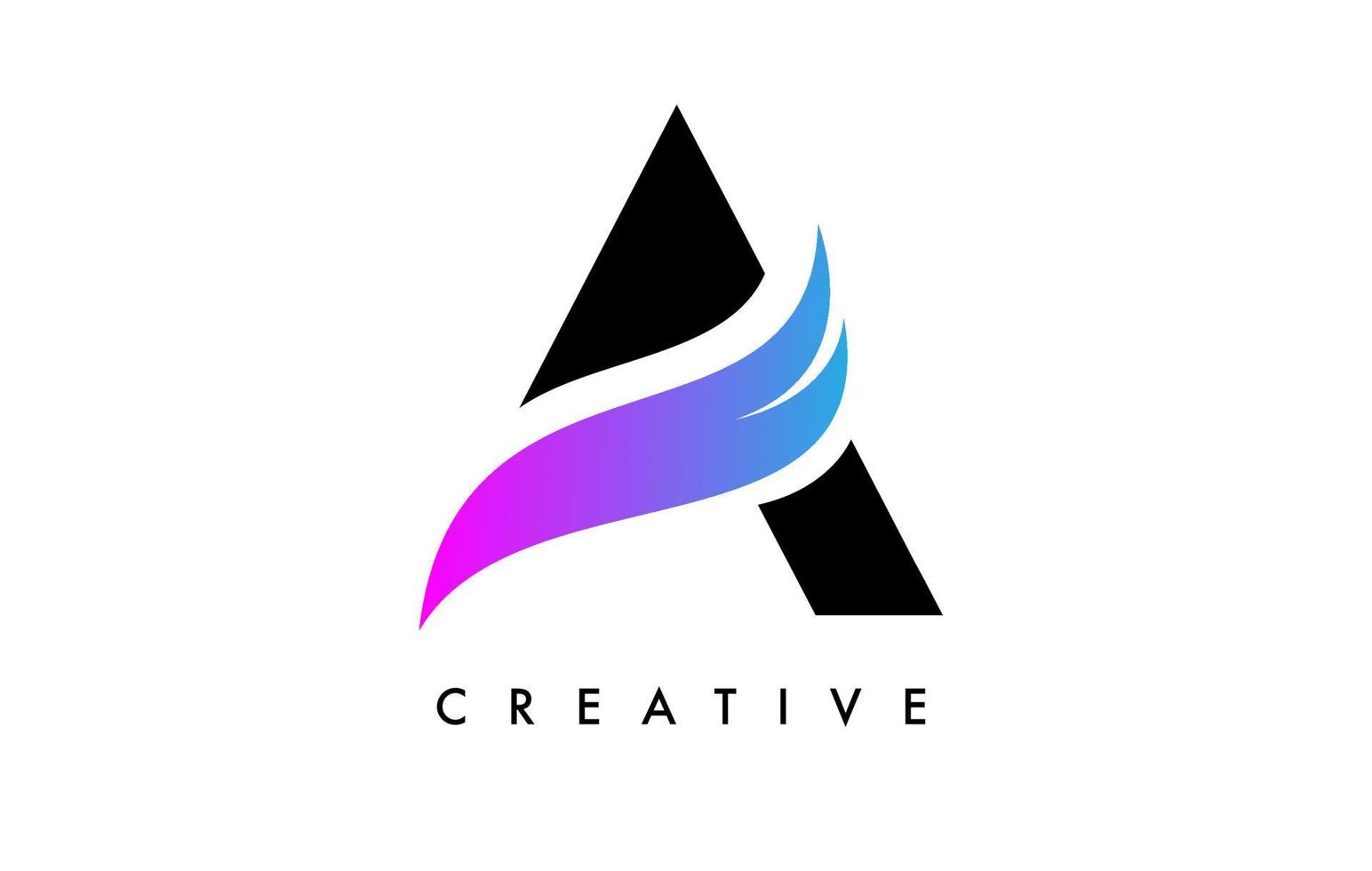 letra um design de ícone de logotipo com swoosh roxo e vetor de forma de corte curvo criativo