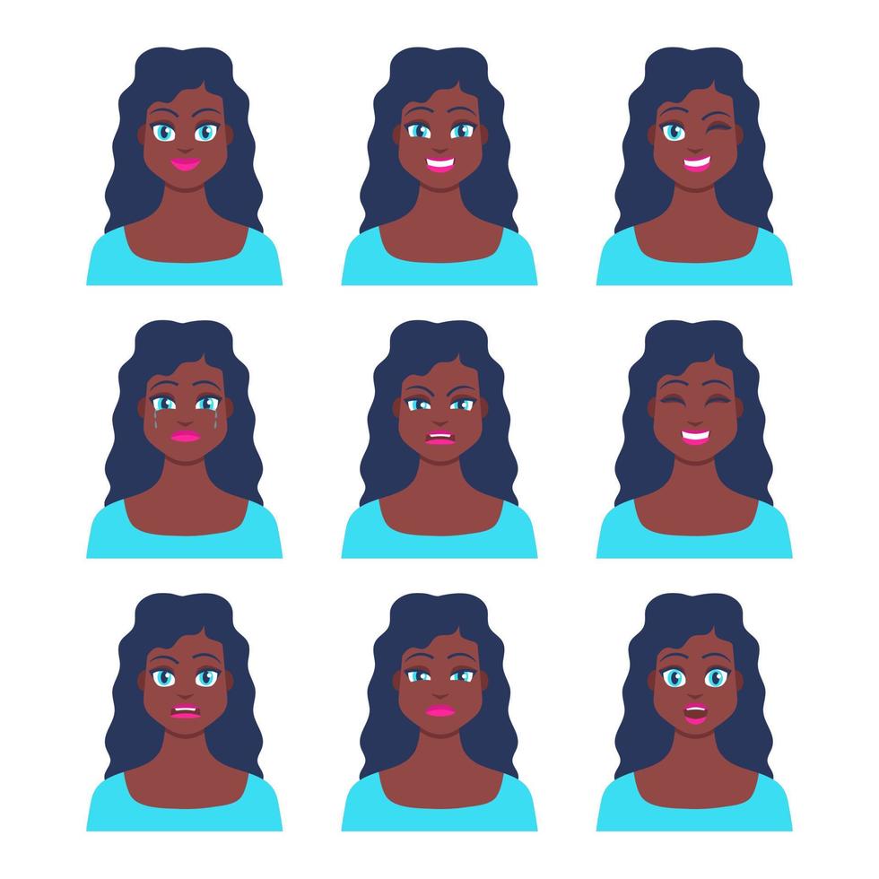 conjunto de ícone feminino jovem com emoções no estilo cartoon. perfil de avatar de menina com expressão facial. retratos de personagens africanos em cores brilhantes. ilustração vetorial isolada em design plano vetor