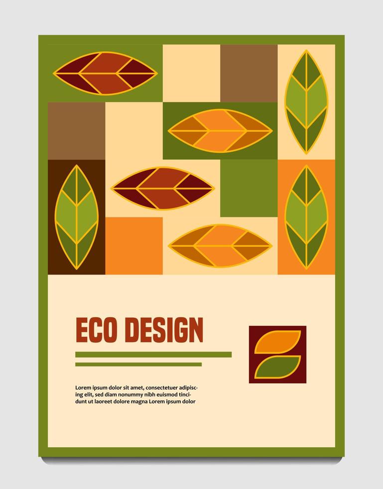 modelo para capa, banner, panfleto com folhas de outono, retângulos em estilo geométrico simples. bom para decoração de produtos bio. estilo ecológico. vetor